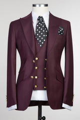 Fashion Three Pieces Peaked Lapel Men Burgundy Business Suits