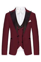 Fashion Three Pieces Peaked Lapel Burgundy Prom Suits