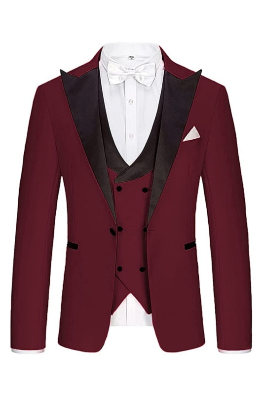 Fashion Three Pieces Peaked Lapel Burgundy Prom Suits