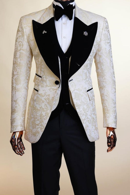 Fashion Champagne Peaked Lapel Three Pieces Jacquard Prom Suits