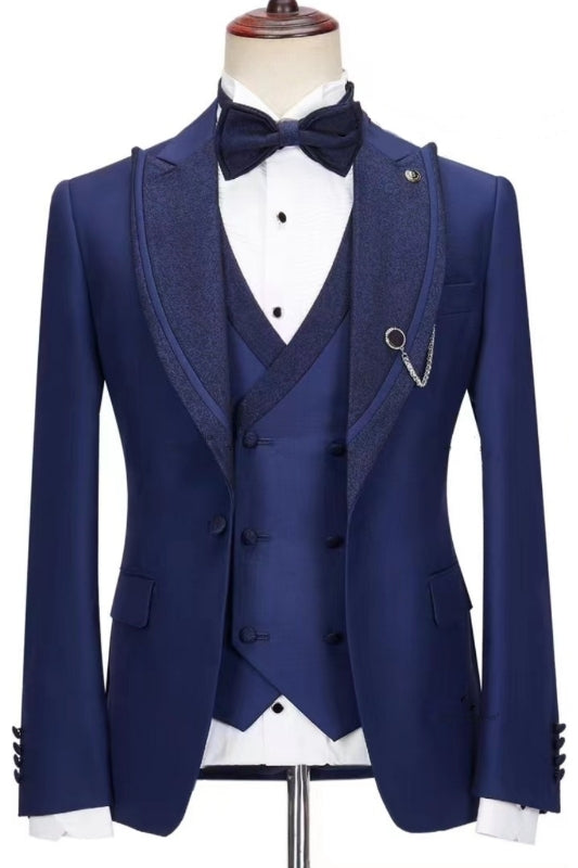 Fashion Dark Peak Lapel Three Pieces Blue Prom Suits
