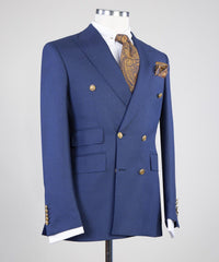 Fashion Dark Slim Fit Peaked Lapel Two Pieces Men Blue Business Suits