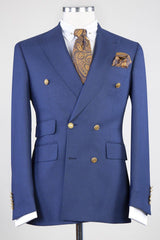 Fashion Dark Slim Fit Peaked Lapel Two Pieces Men Blue Business Suits