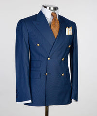 Fashion Dark Blue Stripe Peaked Lapel Double Breasted Business Men Suits