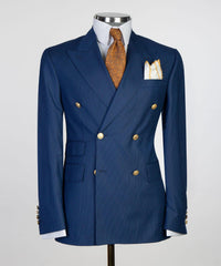 Fashion Dark Blue Stripe Peaked Lapel Double Breasted Business Men Suits