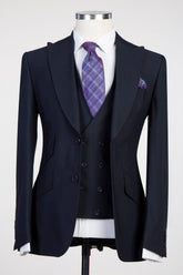 Fashion Three Pieces Peaked Lapel Men Dark Navy Business Suits
