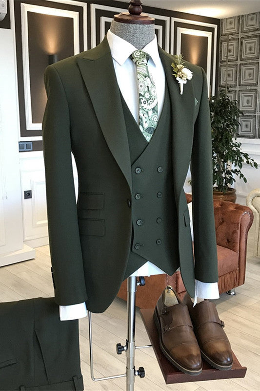 Fashion Deep Peaked Lapel Close Fitting Green Wedding Suits