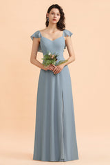 Fashion Dusty Blue Chiffon Sweetheart Slit Bridesmaid Dress with Ruffles Online-27dress