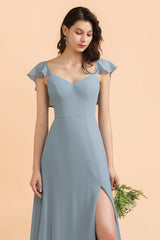 Fashion Dusty Blue Chiffon Sweetheart Slit Bridesmaid Dress with Ruffles Online-27dress