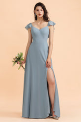 Fashion Dusty Blue Chiffon Sweetheart Slit Bridesmaid Dress with Ruffles Online-27dress