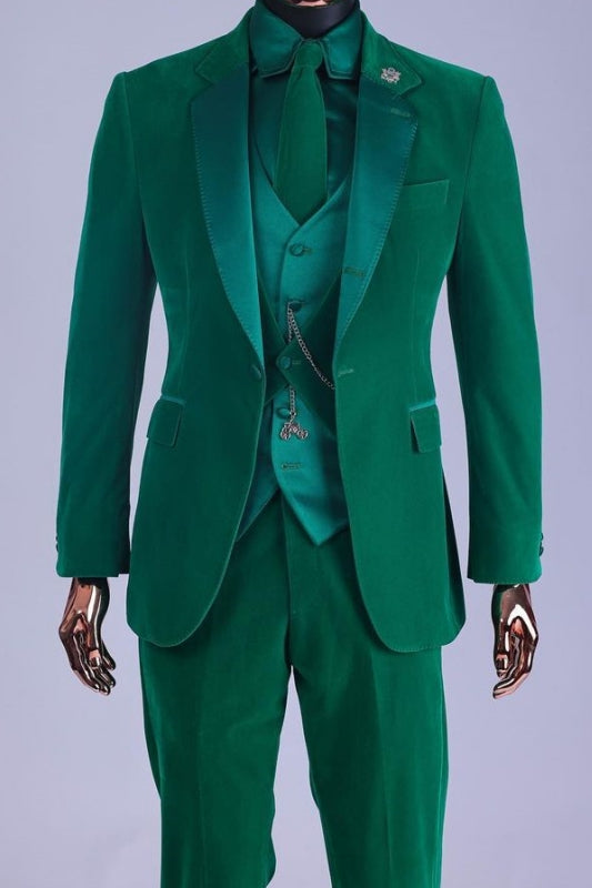 Fashion Notched Lapel Three Pieces Velvet Green Prom Suits