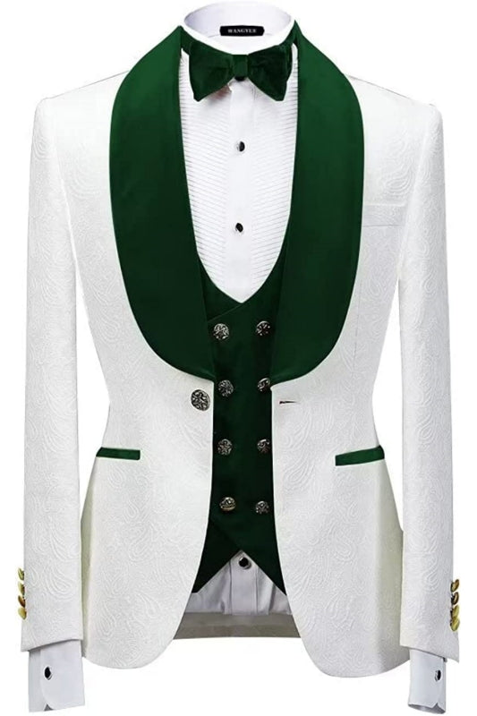 Fashion Shawl Lapel Three Pieces Jacquard Green Wedding Suits