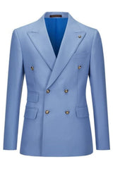 Fashion Light Blue Peaked Lapel Double Breasted Men Suits For Prom