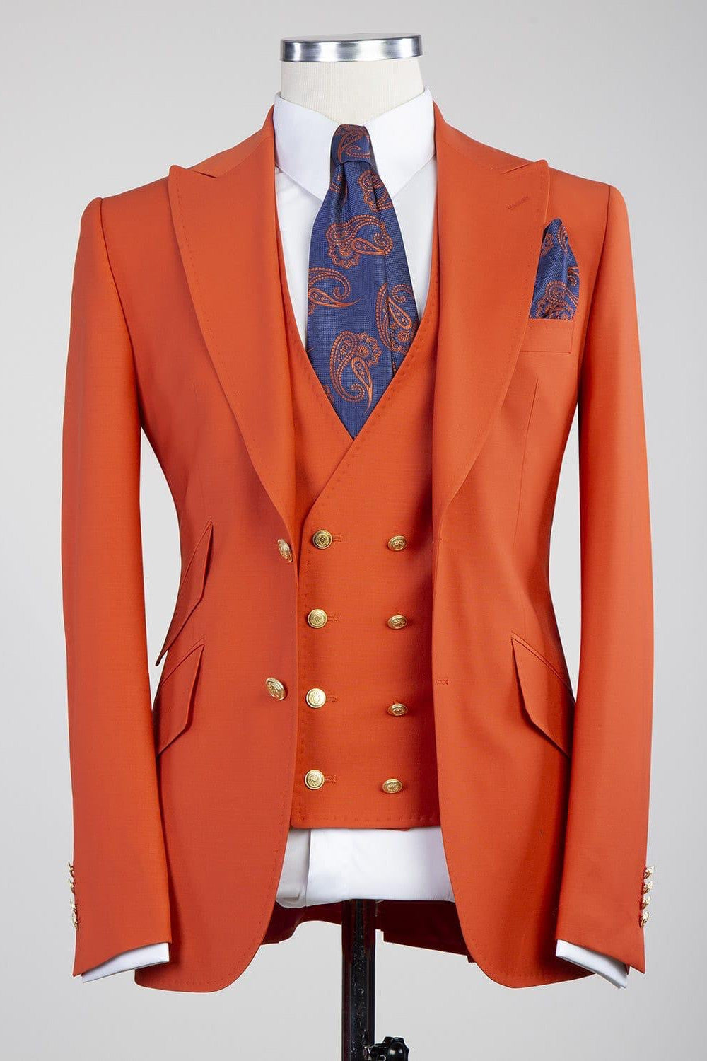 Fashion Orange Peaked Lapel Three Pieces Men Prom Suits