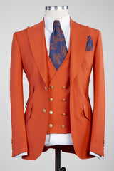 Fashion Orange Peaked Lapel Three Pieces Men Prom Suits