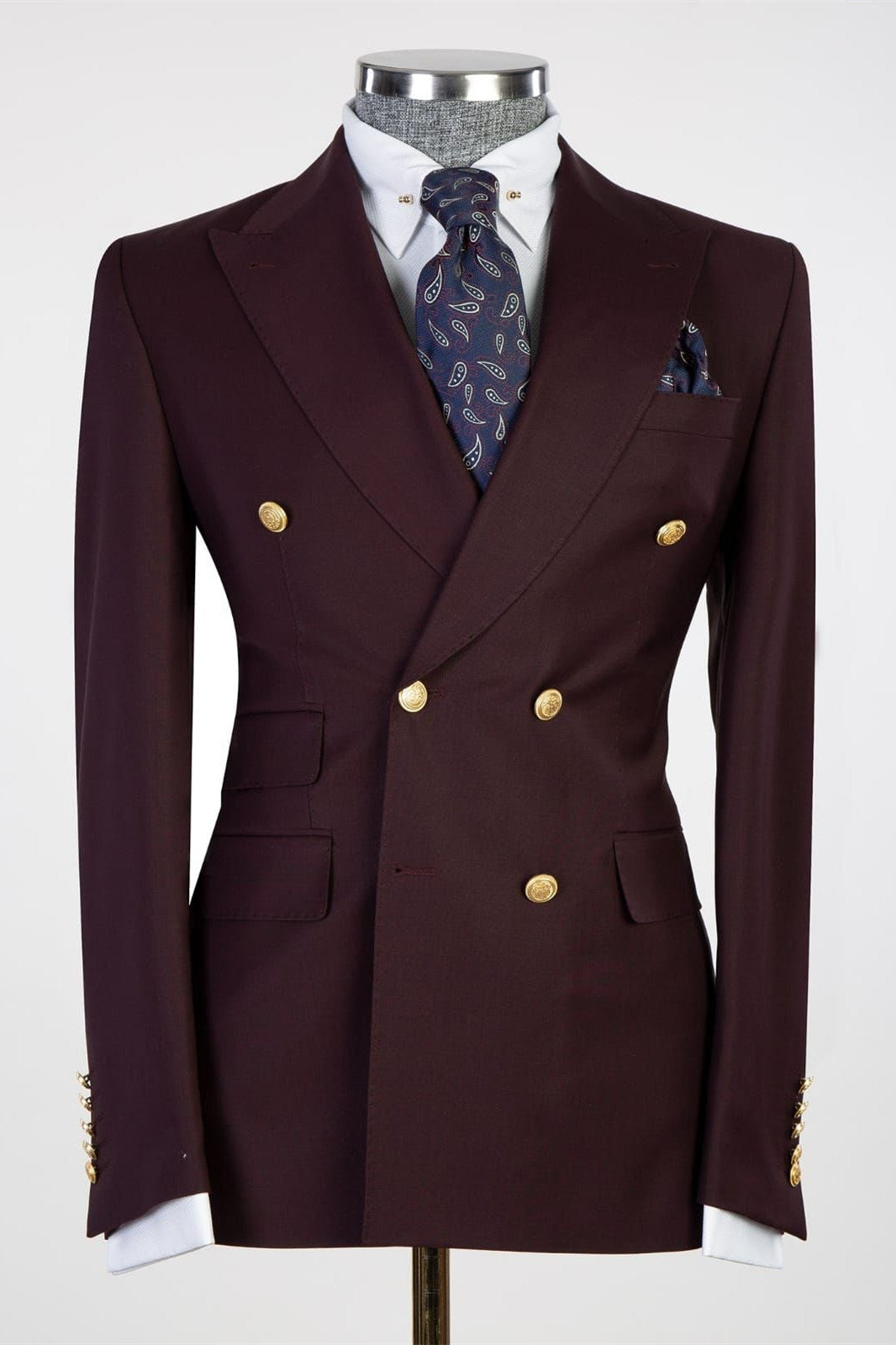 Fashion Peaked Lapel Double Breasted Men Burgundy Business Suits