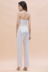 Fashion Strapless Satin Sleeveless Bridesmaid Jumpsuit with Beading Flowers On Sale-27dress