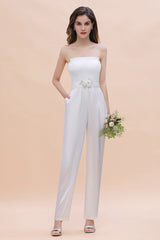Fashion Strapless Satin Sleeveless Bridesmaid Jumpsuit with Beading Flowers On Sale-27dress