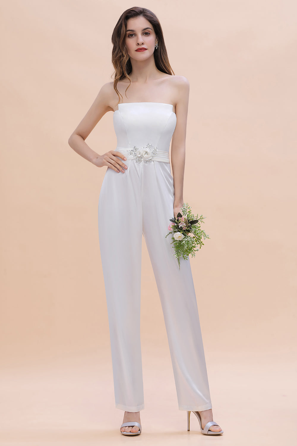 Fashion Strapless Satin Sleeveless Bridesmaid Jumpsuit with Beading Flowers On Sale-27dress
