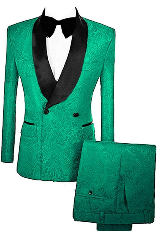 Fashion Double Breasted Jacquard Turquoise Wedding Suits With Velvet Lapel