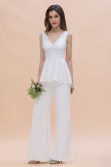 Fashion V-Neck Lace Side Slit Bridesmaid Jumpsuits with Hollowout On Sale-27dress