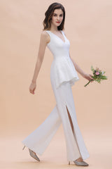 Fashion V-Neck Lace Side Slit Bridesmaid Jumpsuits with Hollowout On Sale-27dress