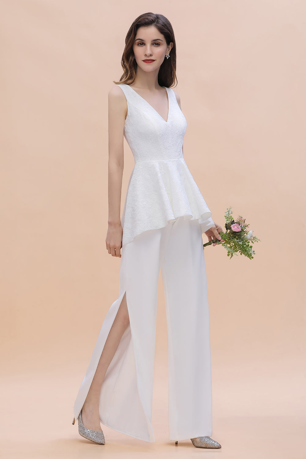 Fashion V-Neck Lace Side Slit Bridesmaid Jumpsuits with Hollowout On Sale-27dress