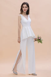 Fashion V-Neck Lace Side Slit Bridesmaid Jumpsuits with Hollowout On Sale-27dress