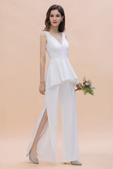 Fashion V-Neck Lace Side Slit Bridesmaid Jumpsuits with Hollowout On Sale-27dress