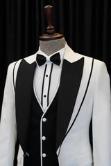 Fashion And Peaked Lapel Three Pieces White Black Wedding Suits
