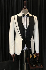 Fashion And Peaked Lapel Three Pieces White Black Wedding Suits