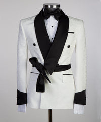 Fashion White Double Breasted Shawl Lapel Jacquard Wedding Men Suits