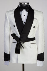Fashion White Double Breasted Shawl Lapel Jacquard Wedding Men Suits