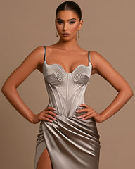 Fashionable Sliver Spaghetti Strap Mermaid Pleated Prom Dress With Split