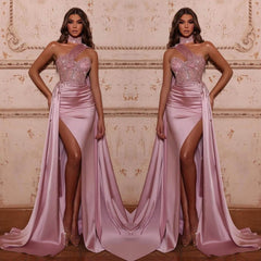 Mermaid Evening Dress with High Neck Split Beads and Ruffles