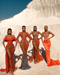 Off-the-Shoulder Orange Evening Gown with Beaded Pleats