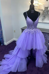 Purple High Low Tiered Homecoming Dress with Lace