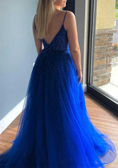 Feminine V Neck A-line Tulle Prom Dress with Beading Sequins and Court Train-27dress
