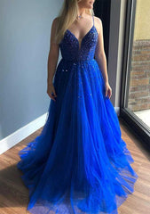 Feminine V Neck A-line Tulle Prom Dress with Beading Sequins and Court Train-27dress
