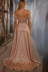 Glamorous A-Line Sequined Satin Off The Shoulder Prom Dresses with Side Split