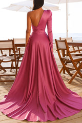 Stunning One-Shoulder Long Sleeves Satin Prom Dress with Split Front