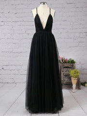 27Dress black floor-length prom dress with deep V neckline and thin straps on mannequin