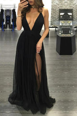 27Dress black floor-length prom dress with deep V neckline and thigh-high slit