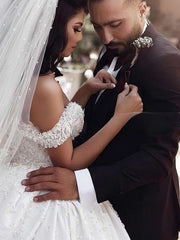 Flower Embellished Off-the-shoulder Ball Gown Satin Wedding Dress