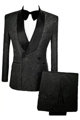 Formal Double Breasted Jacquard Black Wedding Suits With Velvet Lapel