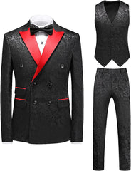 Formal Jacquard Double Breasted Three Pieces Black Prom Suits