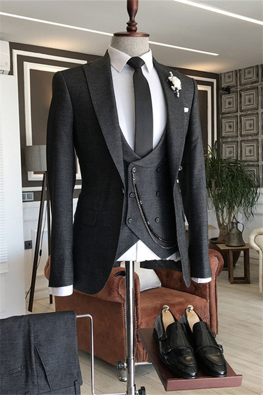 Formal Peaked Lapel Three Pieces Men Black Wedding Suits