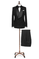 Formal Shawl Lapel Double Breasted Jacquard Black Wedding Suits