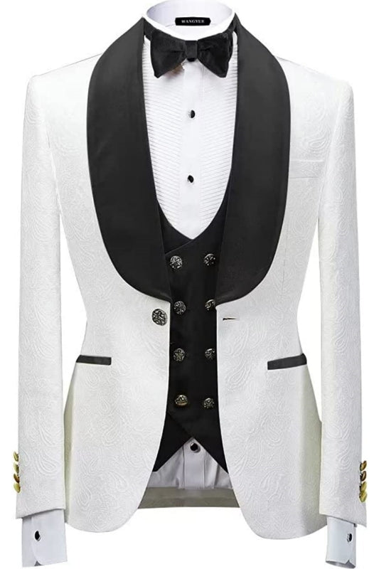 Formal Shawl Lapel Three Pieces Jacquard Black Wedding Suits