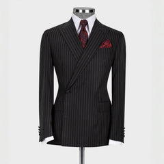 Formal Striped Peaked Lapel Bespoke Black Business Suits